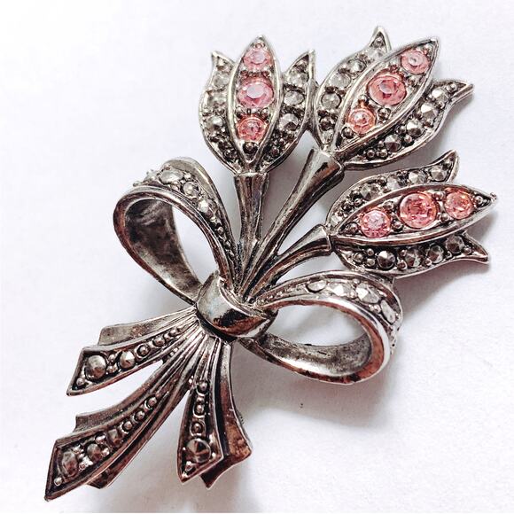 VTG Signed Avon Tulip Brooch Earrings Set Pink Rhinestone Silver Tone Marcasite - Picture 12 of 13